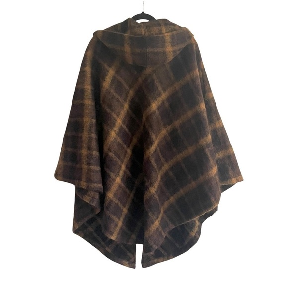 TERRAWARE Earth Aware Plaid Wool Cashmere Hooded Poncho Wrap Jacket Coat Brown M - Picture 6 of 11